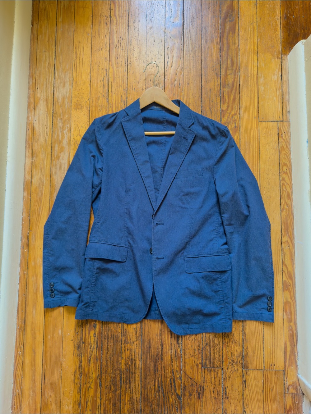 Uniqlo Seersucker Lightweight Summer Blazer Navy Blue Sz M